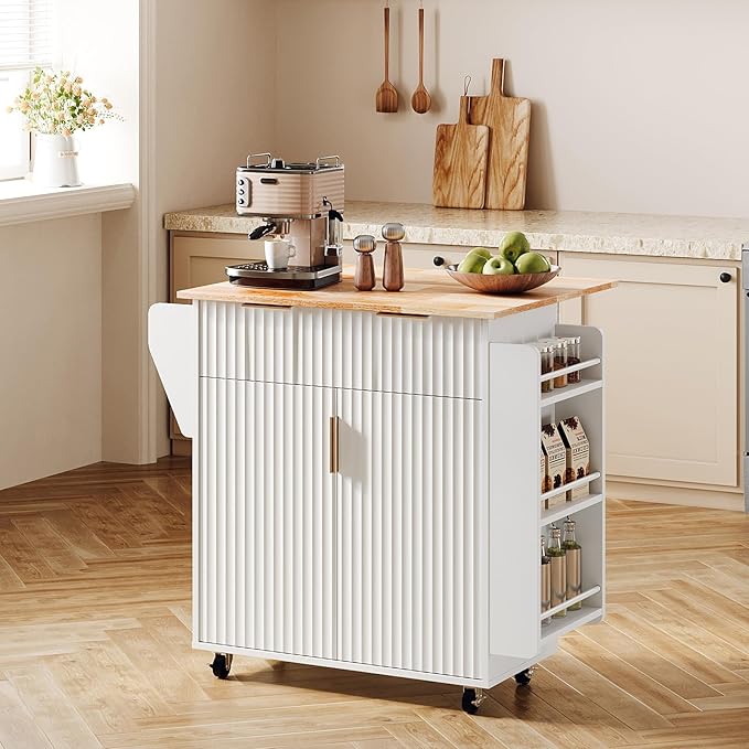 VINGLI Kitchen Island Cart with Storage, Rolling Kitchen Cart on Wheels with Drop Leaf, Drawer & Double Door Cabinet, Portable Kitchen Island for Small Spaces, White