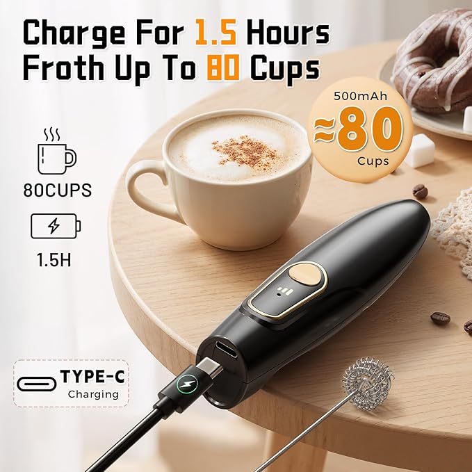 Rechargeable Milk Frother Wand with Stand, Electric Handheld Coffee Frother with 3 Detachable Whisks, Travel Milk Foamer for Protein Powder, Drinks, Espumador de Leche Electrico