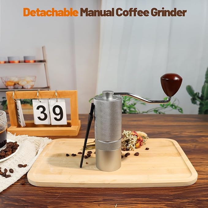 Manual Coffee Grinder Detachable Stainless Steel Conical Burr Aluminum Coffee Bean Grinder with 25 Grinding Settings Cleaning Brush Grindable Espresso Moka Pot French Press for Camping Silver