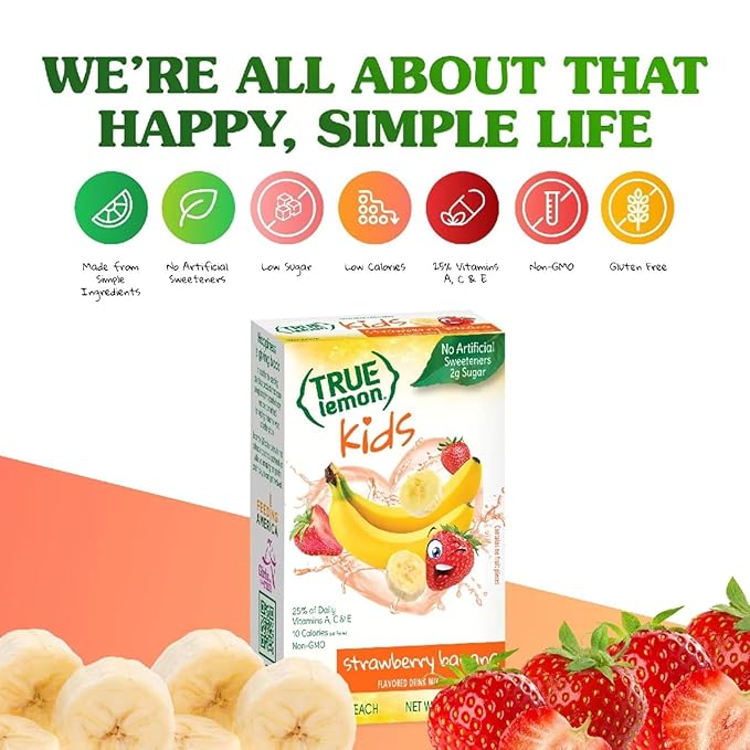 TRUE LEMON KIDS Strawberry Banana (10 Packets) – Hydration for Kids – No Artificial Sweeteners – Low Sugar Water Flavoring – Drink Mix for Kids – Powdered Drink Mix