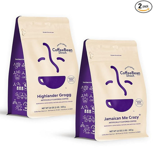 Coffee Bean Direct Flavored Coffee Variety Bundle – Highlander Grogg & Jamaican Me Crazy®, Whole Bean, 1 Pound Bags (Pack of 2)