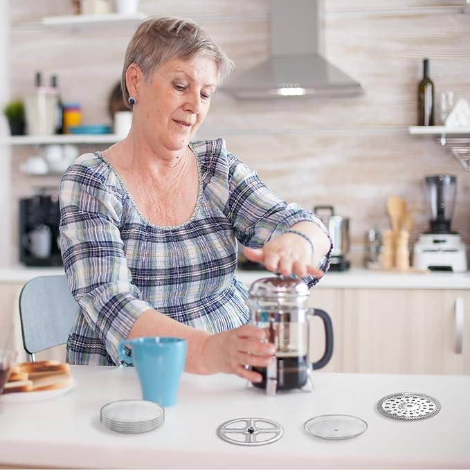 Sabary 8 Pcs French Press Filter Replacement Parts 6 Pcs Stainless Steel Mesh French Press Screen with Spiral Disk and Cross Disk for 1000 ml, 34 oz, 3.75 Inch Wide Coffee Makers and Tea Machines