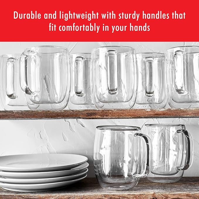 ZWILLING Sorrento Plus 4-pc Double-Wall Glass, Insulated Coffee Mug, 12-oz, 355ml, Clear