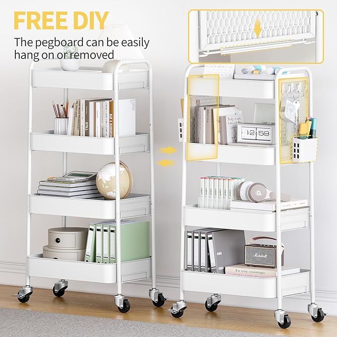 TOOLF 4 Tier Rolling Cart with Pegboard, Metal Storage Organizer Cart with Wheels, Hooks & Bins Esthetician Craft Art Sturdy Storage for Bathroom, Kitchen, Office, Nursery Diaper