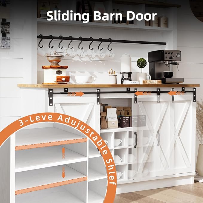 4ever2buy Farmhouse Coffee Bar Cabinet with 4 Storage Hutch, 55 Inch Wine Bar with 12 Wine Racks and 8 Hooks, Hutch Storage Cabinet with Sliding Barn Doors for Kitchen Dining Living Room, White