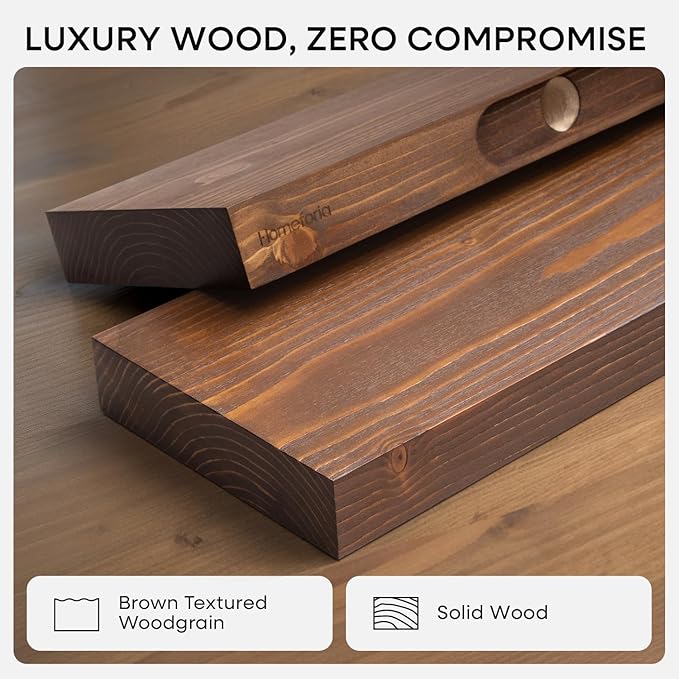 Homeforia Classic Walnut 24 inch Floating Shelf, High End Solid Real Wood Small 24inch Floating Shelves for Wall Mounted, 24in Floating Shelves, Heavy Duty Bracket, 24 X 6.5 X 1.75 inches, Set of 3