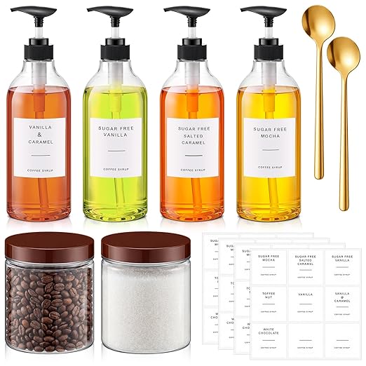 9 Pcs Coffee Syrup Dispenser Set 25 oz Plastic Coffee Syrup Dispenser Pump Bottle 16.9 oz Pet Jar with Lids Gold Spoon and Labels for Home Bar Organization