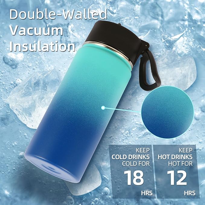 Volhoply 16 OZ Kids Water Bottle Bulk 4 Pack,Insulated Sports Bottles with Straw Lid,Stainless Steel Bottle with Handle Keep Cold & Hot,Double Wall Vacuum Tumbler Cups for School(Green Blue, 4)