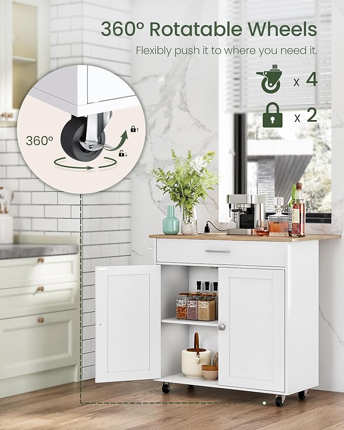 Kitchen Island, Kitchen Island Cart with One Double Cabinet and Drawer, Rolling Storage Cart with Power Strip, with Drop Leaf, for Kitchen, Living Room, White and Natural MZD01UWNN1