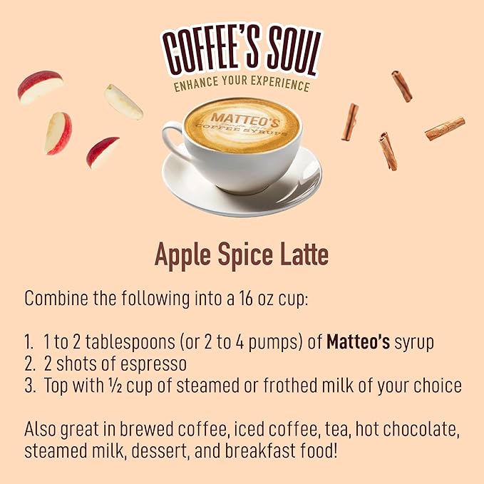 Matteo's Apple Spice Syrup for Coffee, Lattes, Cappuccinos & Desserts – Sugar-Free Sweetener for Beverages, Keto Friendly, Zero Calories, Indulgent Flavor, Non-Alcoholic, Ideal for Coffee 33.8oz (6pk)