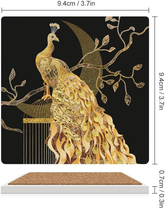 Square-6PCS Peacock Ceramic Coasters, Square Absorbent Drink Coasters, Vintage Tree Branch Beautiful Gold Peacock Ceramic Table Coasters for Coffee, Beverage, Wine, Beer Coasters