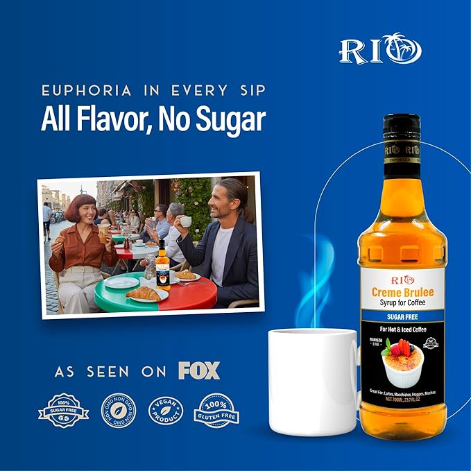 RIO Creme Brulee Sugar Free Coffee Syrup – Low Calorie, Silky & Toasty Flavor for Hot or Iced Drinks, Lattes & Macchiatos, Barista-Grade Zero-calorie sweetener, Skinny syrups sugar free– 700ml