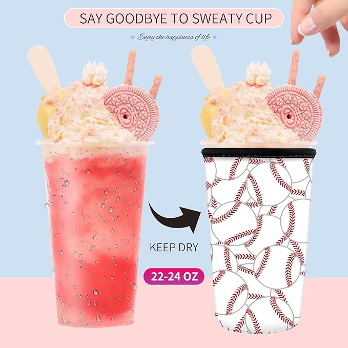 Reusable Neoprene Insulator Sleeve for Iced Coffee Cups, Medium 22-28oz Durable Drink Sleeve for Cold Beverages, Cute Beverage Holder Cup Sleeve for Women Men Cute Baseball