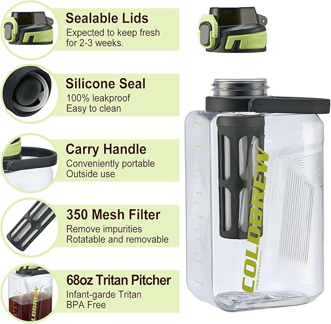 Itslife Cold Brew Coffee Maker, 68oz Iced Coffee Tritan Pitcher with Filter, 2 Pour Spout Lids For Airtight & Leak-Proof Coffee Barrel(Black)