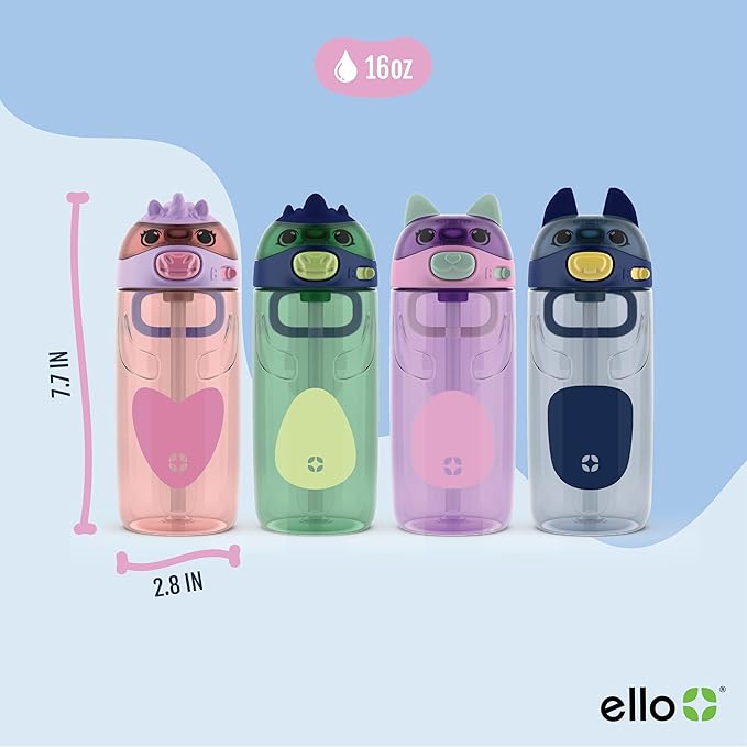 Ello Ellies 16oz Plastic Kids Water Bottle with Straw and Built-in Carrying Handle and Leak-Proof Locking Lid for School backpack, Lunchbox and Outdoor Sports, Dino