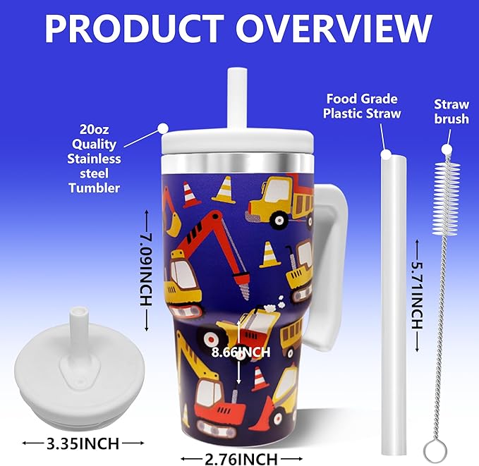 20-OZ Insulated Water Bottle,Insulated Stainless Steel Tumbler,Reusable Cold Drink Thermos,BPA-Free, Double-Wall Stainless Steel Water Bottle (Dark Blue-Construction Truck, 20, Fluid Ounces)