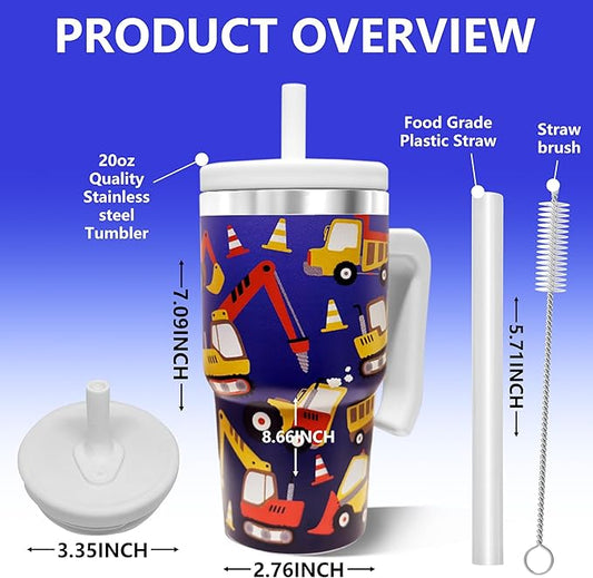 20-OZ Insulated Water Bottle,Insulated Stainless Steel Tumbler,Reusable Cold Drink Thermos,BPA-Free, Double-Wall Stainless Steel Water Bottle (Dark Blue-Construction Truck, 20, Fluid Ounces)