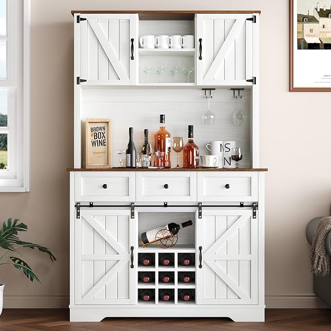 72" Farmhosue Coffee Bar Cabinet with Storage Shelves and 3 Drawers, Kitchen Hutch Storage Cabinet with Sliding Barn Door & Wine Racks & Wine Glass Holder, Bar Cabinets for Home/Living Room, White
