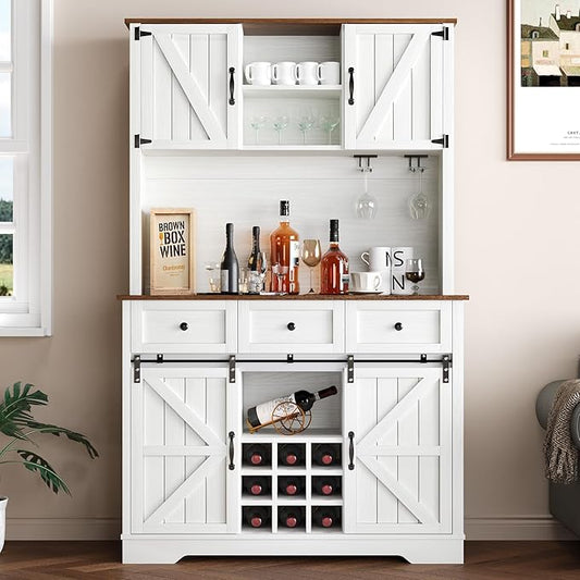 72" Farmhosue Coffee Bar Cabinet with Storage Shelves and 3 Drawers, Kitchen Hutch Storage Cabinet with Sliding Barn Door & Wine Racks & Wine Glass Holder, Bar Cabinets for Home/Living Room, White