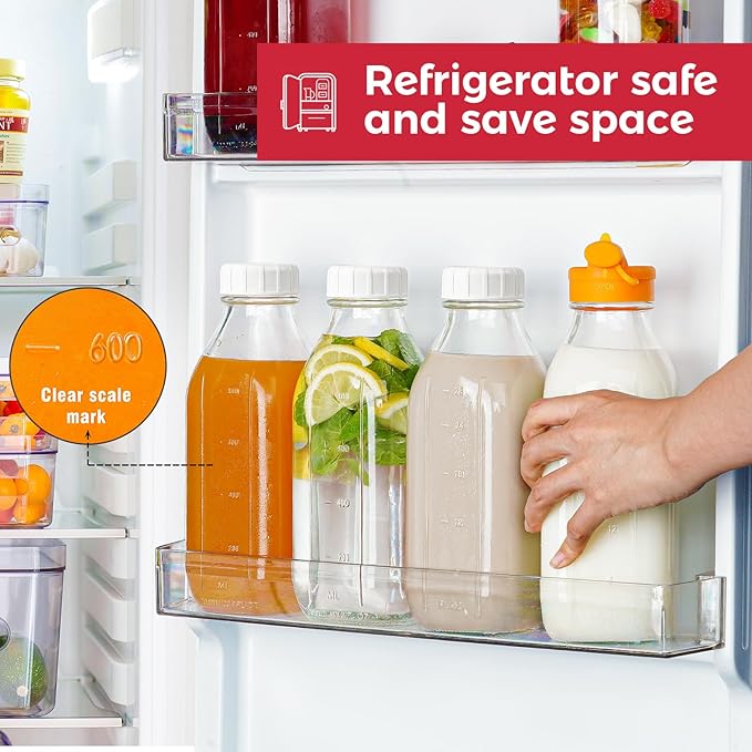 32 oz Reusable Glass Milk Bottles with Silicone Dispenser Cap, 2 Pack Glass Jars with Airtight Screw Lid, Leak Proof Juice Bottles with Scale Mark Breastmilk Storage Container for Fridge