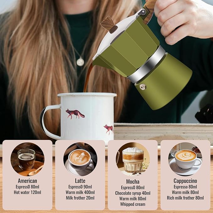 Vaolvpant 6 Cup Aluminum Moka Pot Classic Stovetop Espresso Coffee Maker 300ml 10oz Coffeemaker Percolator Mocha Pot Greca Coffee Maker Cafe Makers for Italian and Cuban Café Brewing Green