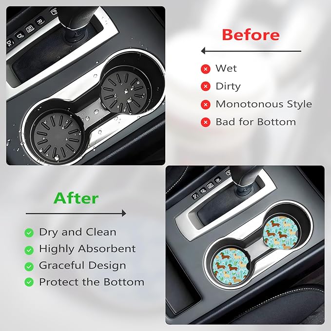 Car Cup Holder Coasters, 2 Pcs Ceramic Coasters with Finger Slot and Cork Back, Anti-Slip Shock Absorbing Women and Men Universal Car Accessories - Lovely Wiener Dog
