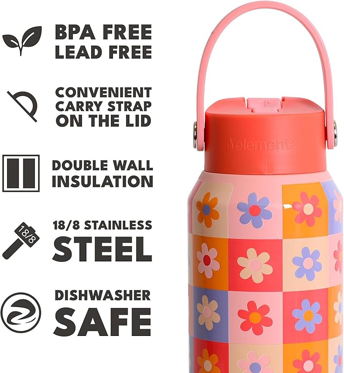 Elemental 40oz Insulated Water Bottle with Straw - 100% Leak-Proof Stainless Steel Core Water Bottles for Travel, Sports and Gym - Double Wall Insulation & BPA Free - Checkered Flower