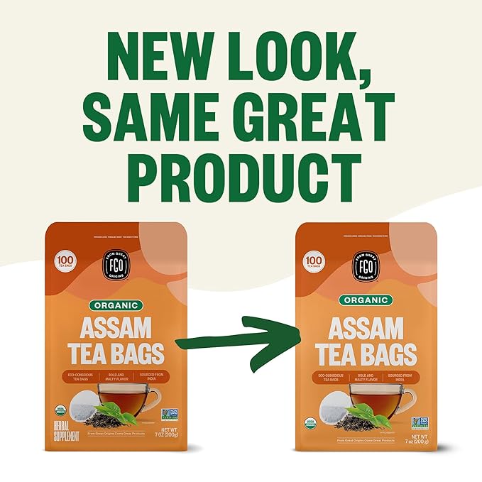 FGO Organic Assam Tea, 100 Count, Eco-Conscious Black Tea Bags, Resealable Bag, Packaging May Vary (Pack of 1)