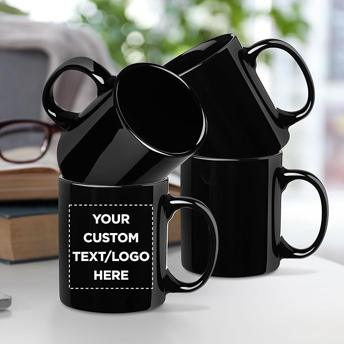 Custom Ceramic Coffee Mugs 11 oz. Set of 100, Personalized Bulk Pack - Coffee cup set, Iced coffee cup, Gaming mug - Black