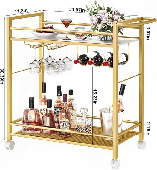 Bar Cart,Home Bar Serving Cart with Storage Shelves, 2 Tier Rolling Beverage Cart with Wheels, Modern Wine Cart with Wine Rack and Glass Holder for Kitchen, Living Room,Dinning Room,Gold