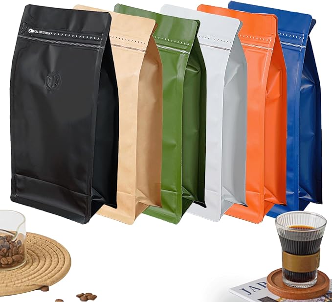 50 Pcs 1lb Balck Long Coffee Bean Bags with Valve, Easy Tear Open & Repeating Sealed Zipper, Heat-seal Stand Up & Flat Bottom Coffee Bag, 16oz Capacity 5.3x10.2 Inch