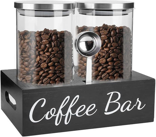 Airtight Coffee Bean Container Set - 2×50oz Glass Coffee Canisters with Scoop & Shelf, Clear Ground Coffee Storage Jars with Lids for Coffee Bar, Sugar, Tea, Nuts & Kitchen Countertop
