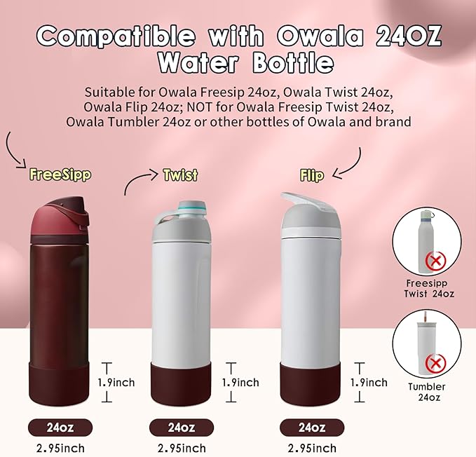 2PCS Silicone Water Bottle Boot, Compatible with Owala 24oz 32oz 40oz, Protective Anti-Scratch & Anti-Dent No Noise Sleeve Cover for FreeSip/Twist/Flip Water Bottles (Black Cherry, 24oz)
