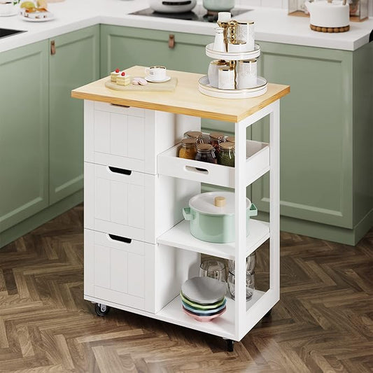 SUNLEI Kitchen Island with Storage Cart Rolling Moveable Microwave Microwave cart with 3 Drawers on Wheels Portable Mobile Narrow Kitchen Island, White