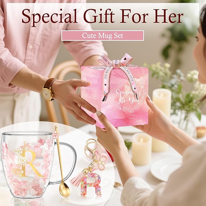 Personalized Gift for Women Flower Glass Coffee Mug Initial Tea cup Monogrammed Customized Bridesmaid Bride Wedding Gifts Graduation Gifts Valentine Mother's Day Birthday Christmas Gift (R)