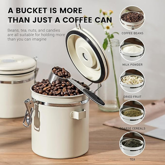 Airtight Coffee Container with Date Tracker & Spoon - Kitchen Storage Jar for Coffee Grounds, Cereal, Beans, Sugar (Silver, 24OZ)
