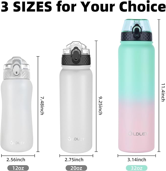 Oldley Insulated Water Bottle 32oz Water Bottles with Straw, Stainless Steel Water Bottle with 3 Lids, Double Wall Vacuum Bottles for Adults, Leak-proof Sports Bottles for School Travel,Green-Pink
