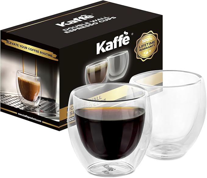 Kaffe Double Wall Insulated Glass Coffee Cups (2 x 3oz) - Small Clear Espresso Shot Glasses - Heat Resistant Insulated Borosilicate Glass Mugs for Warm Beverages, Capuccinos, Teas, Lattes