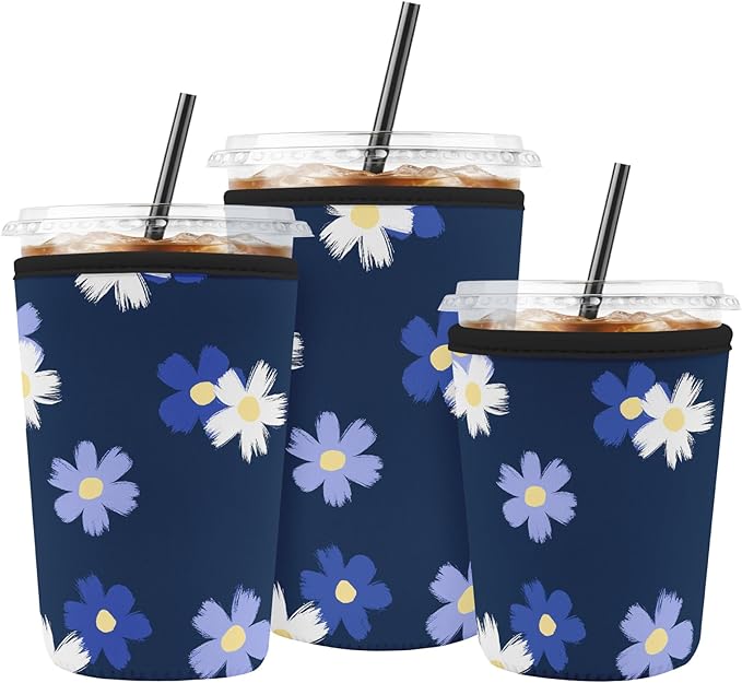 Iced Coffee Sleeve Reusable Cup Sleeves for Cold Drinks Neoprene Koozie Cozy Plastic Cup Covers for Drinks, Blue White Floral