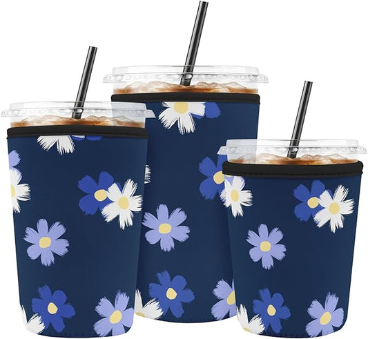 Iced Coffee Sleeve Reusable Cup Sleeves for Cold Drinks Neoprene Koozie Cozy Plastic Cup Covers for Drinks, Blue White Floral