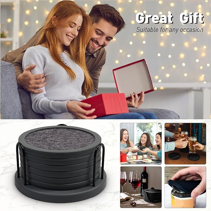 Set of 6 Non-Slip Silicone Coasters with Holder, Double-Sided Absorbent for Hot/Cold Drinks, Scratch & Water Ring Protection for Wood Tables, Home Office Bar, Black Gold Marble (Grey)
