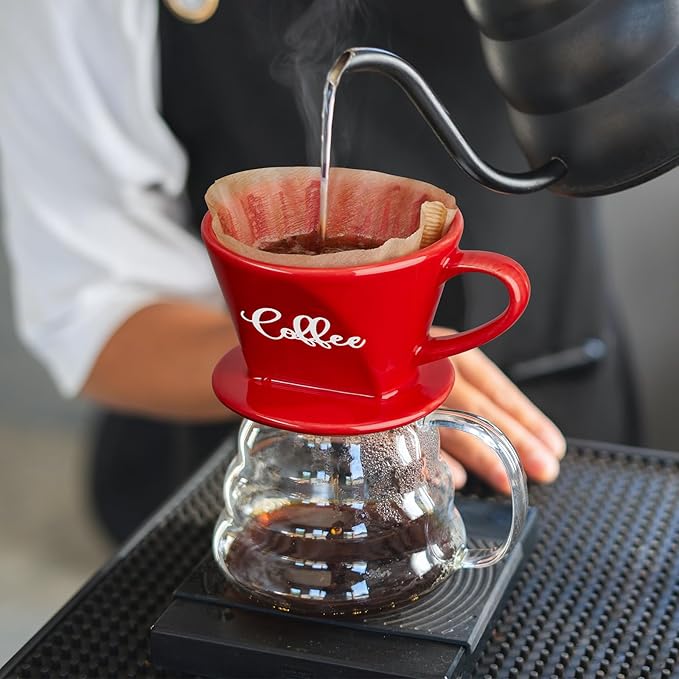 Pour Over Coffee Maker, Ceramic Pour Over Coffee Dripper, Manual Brew Maker, Red Kitchen Decor and Accessories, Single Cup Porcelain Slow Brewing Accessories for Cafe Coffee Bar