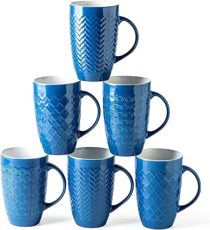 AmorArc Coffee Mugs Set of 6, 16oz Ceramic Lagre Coffee Mugs Set with Textured Geometric Patterns for Latte/Tea/Beer/Hot Cocoa, Dishwasher & Microwave Safe, Blue