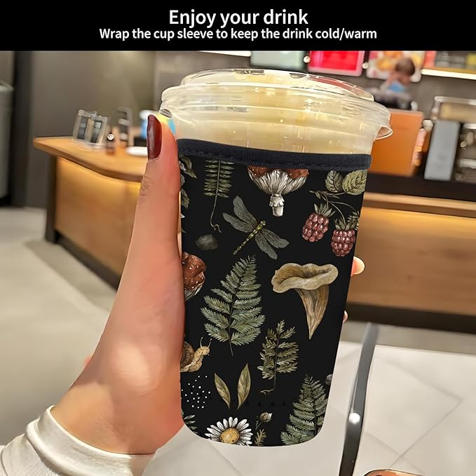 Reusable Neoprene Insulator Sleeve for Iced Coffee Cold Soda Cups, Cute Durable Drink Sleeve for Cold Beverages, Medium 22-28oz Cup Sleeve Cute Black Mushroom