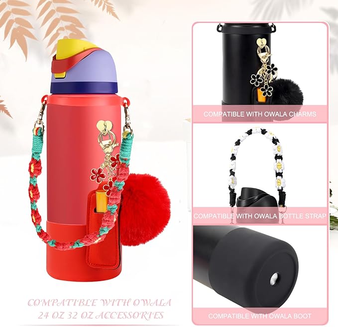 Compatible for Owala Accessories Bundle: Silicone Boot for 24oz & 32oz Bottles, Charms, Handle, Strap, Rubber Bottoms, and Decorative Add-ons for Your Compatible for Owala Water Bottle, Red