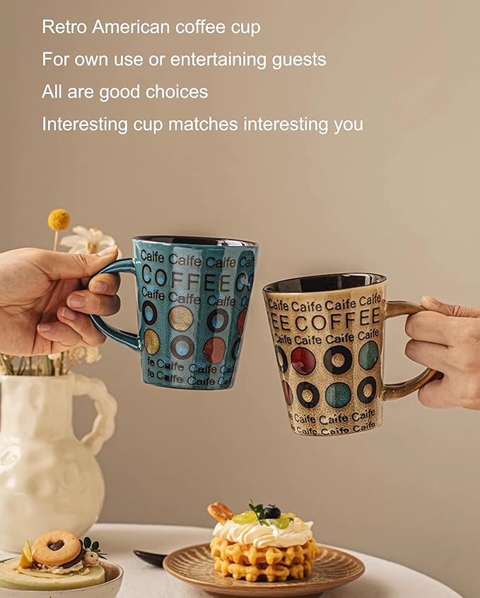 Ceramic Coffee Mugs Set of 1, 12 oz Stoneware Coffee Cup with Spoon and Lid, Cup for Latte, Tea, Cappuccino, Cocoa, Microwave Dishwasher Safe, Modern Unique Aesthetic Christmas Gift, Green Letter Cup