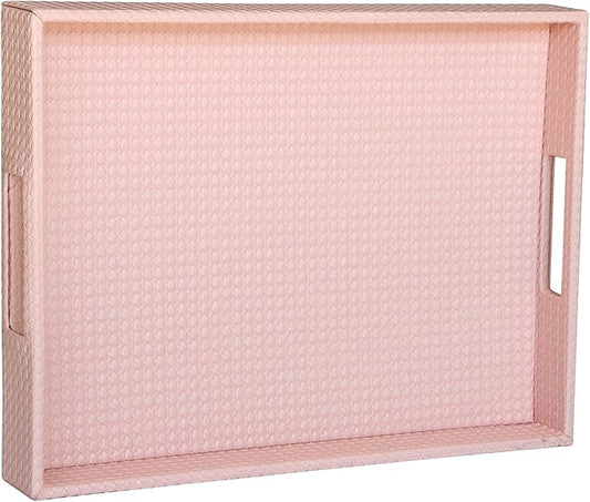 HofferRuffer Rectangle Serving Tray with Hole Handles for Coffee Table, Breakfast, Tea, Food, Butler - Countertop, Kitchen, Vanity Serve Tray, 16.2 x 12.2 x 2 inches, Faux Leather (Pink)