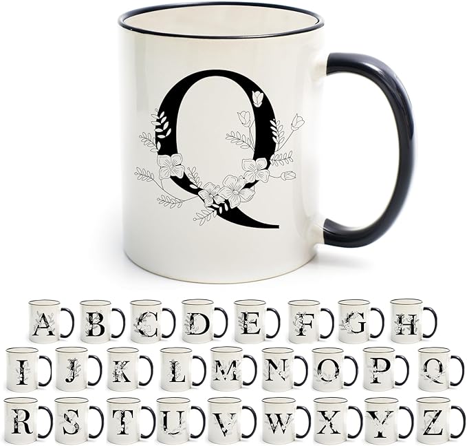 Monogram Ceramic Coffee Mugs, 11 oz Initial Drinking Cup with Gift Box, Unique Birthday Christmas Gifts for Women Wife Mothers Day Grandma Mom Aunt, Q