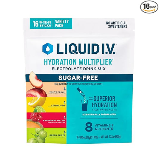 Liquid I.V.® Hydration Multiplier Sugar-Free Variety Pack - Raspberry Melon, Lemon Lime, White Peach, Green Grape | Electrolyte Powder Drink Mix | 1 Pack (16 Servings)