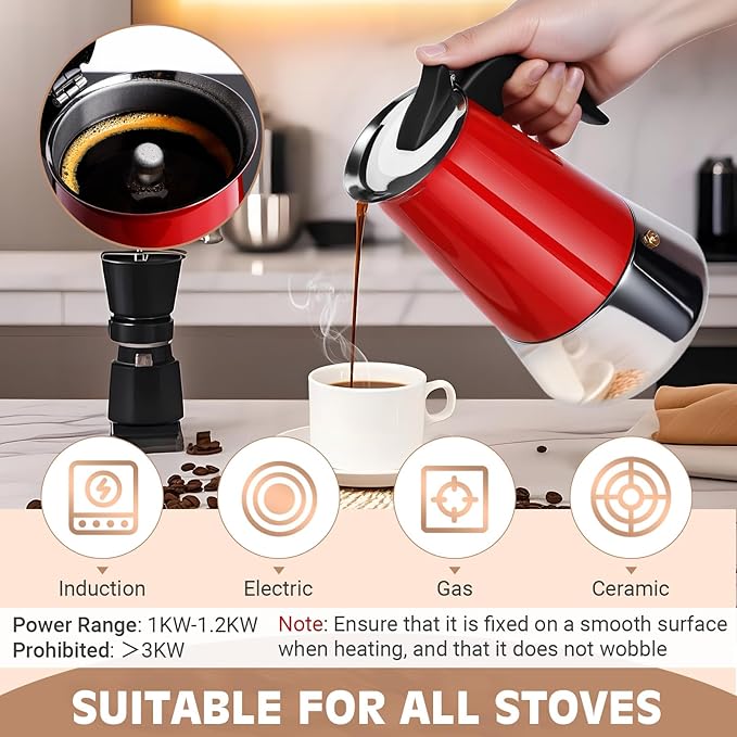 Suiitat Moka Pot, 9 Cups (15.9 oz) Stovetop Espresso Maker, 304 Stainless Steel Moka Pot, Induction Compatible, Red